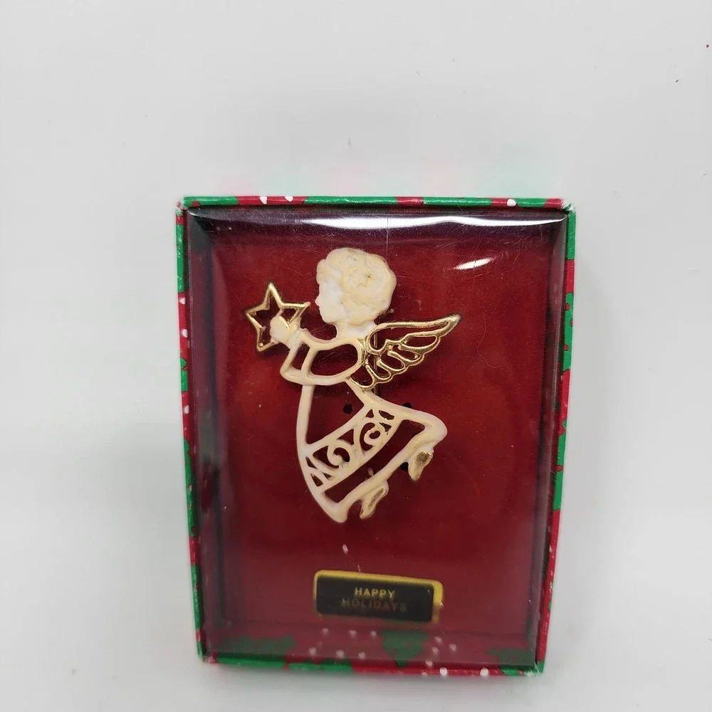 Vtg Christmas Brooch Pin Angels and‎ Ornament Branch Enamel Pewter Lot of 3